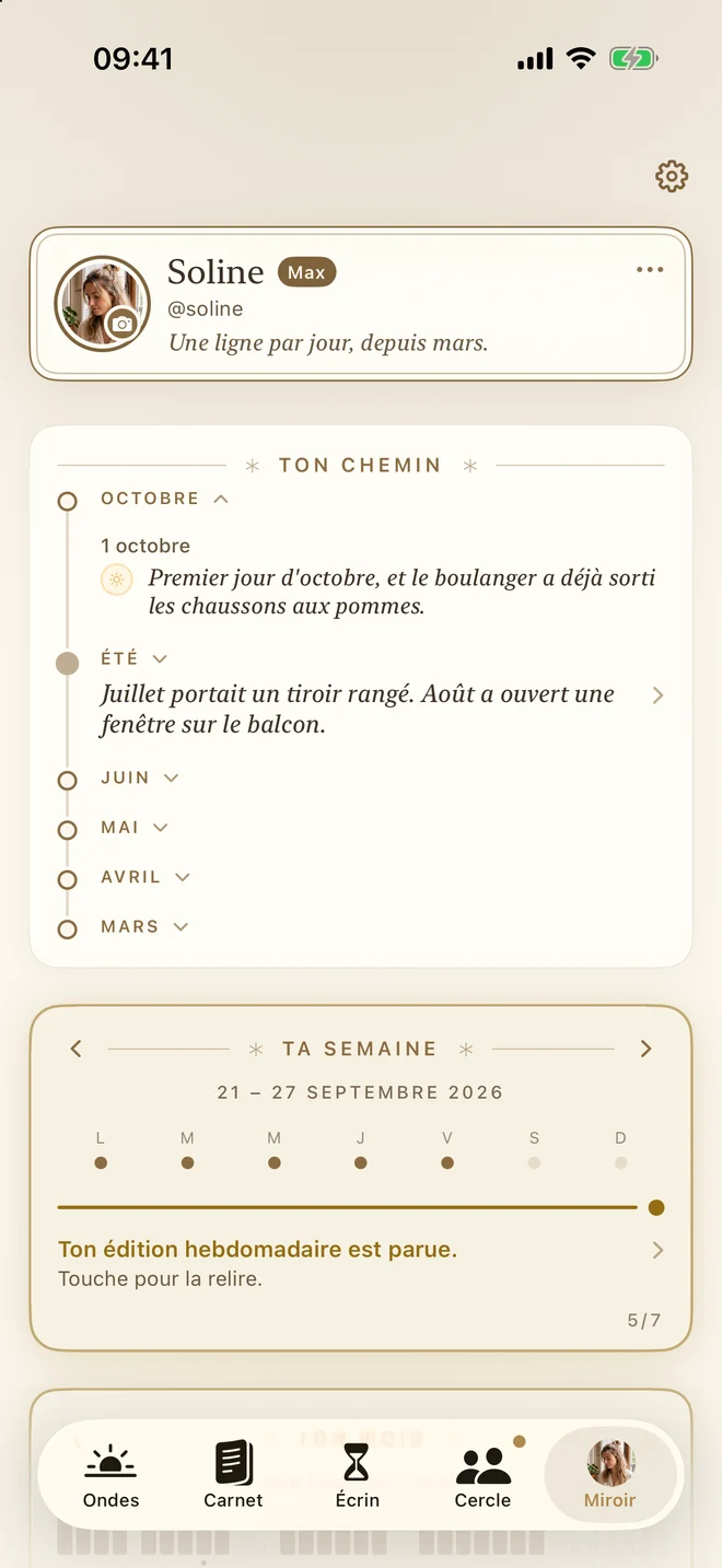 L’onglet Miroir : ton chemin de mois en saison, et ta semaine en cours.